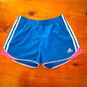 GIRL’S medium blue w/pink & white stripes Adidas athletic shorts